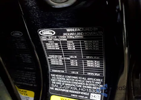 2020 Land Rover Range Rover Evoque S z USA, uszkodzony, nr VIN SALZJ2FX9LH015339